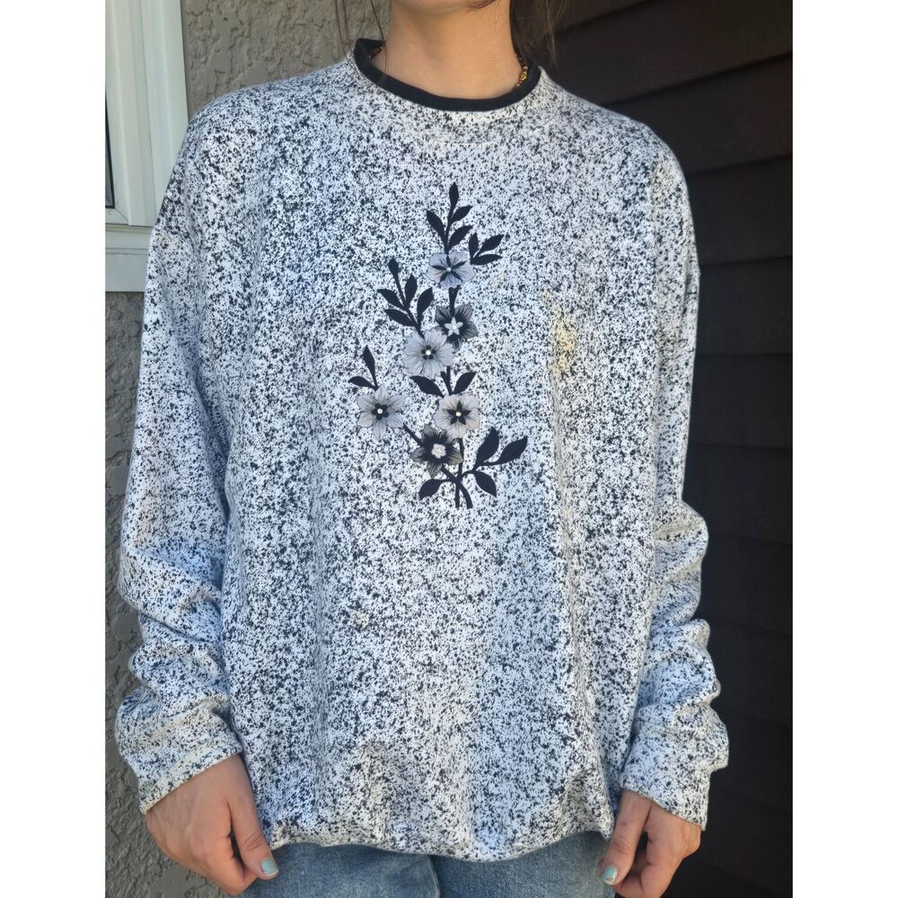 Women's Vintage Polka Dot Embordered Floral Fleece Lined Pullover Sweatshirt
